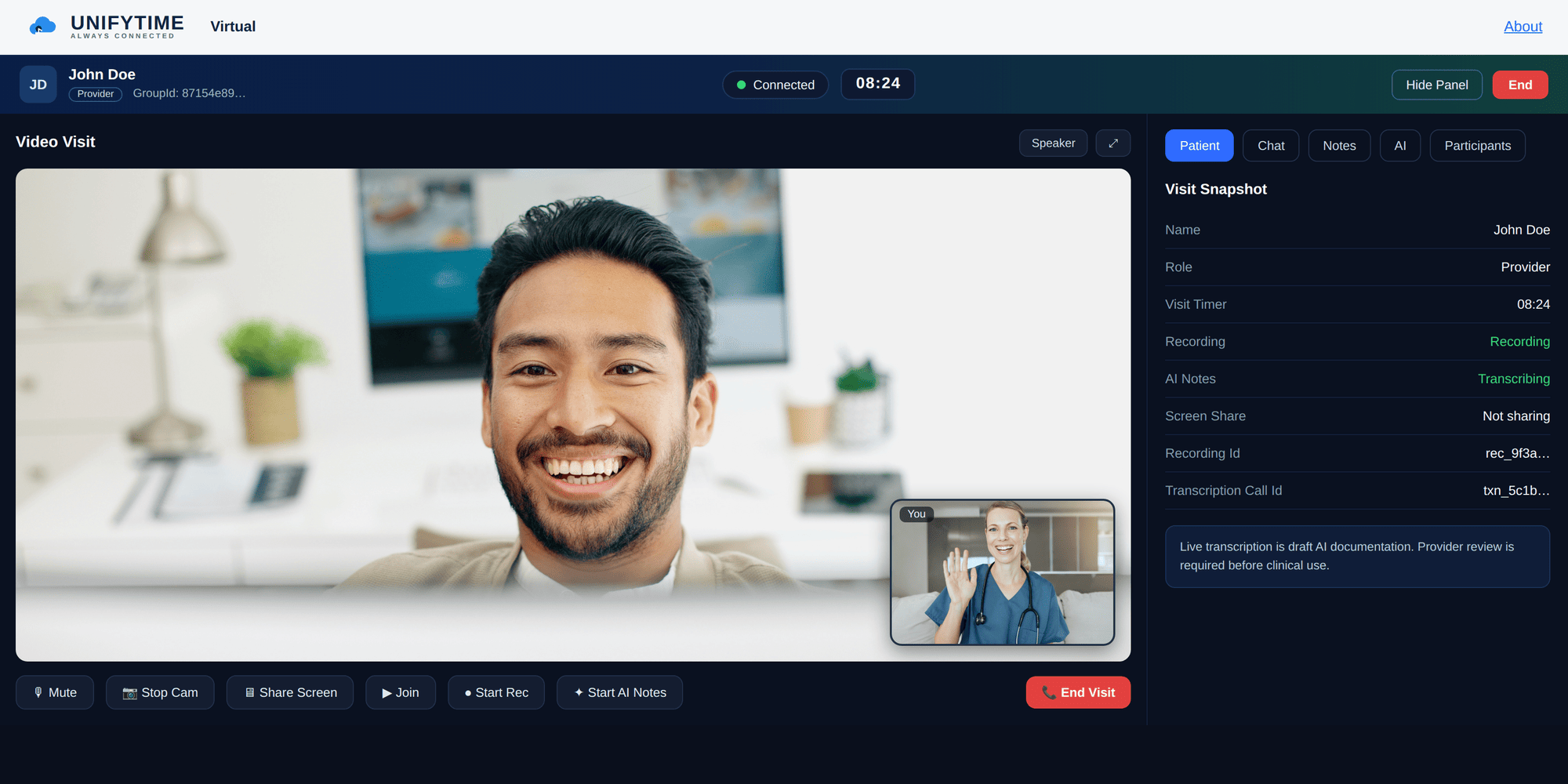 UnifyTime Virtual Visit platform showing a live video visit between a provider and a patient